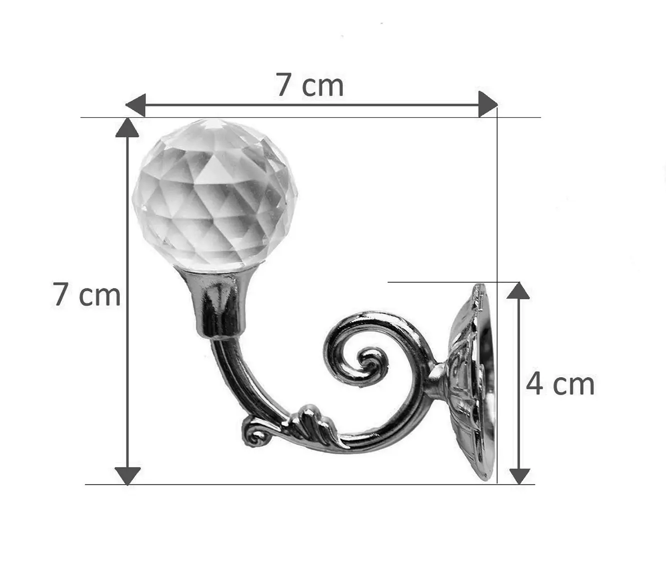 Suport argintiu pentru draperie cu cristal, dimensiuni produs