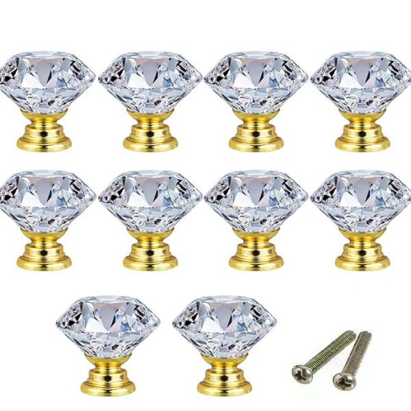 Set de 10 butoni cristal diamant auriu, eleganți și rafinați, ideali pentru comode, dulapuri și noptiere.