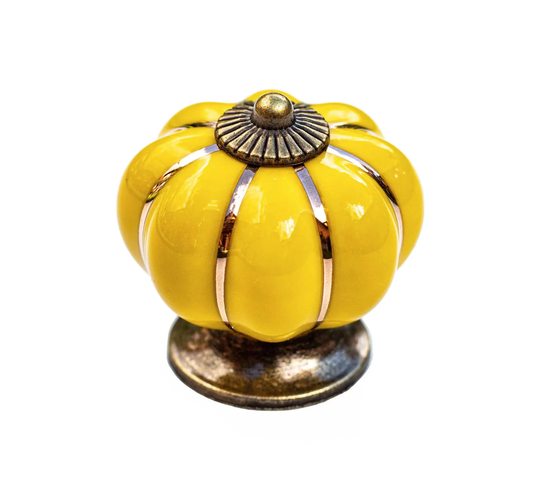 Buton ceramic premium în formă de dovleac galben, cu bază metalică vintage