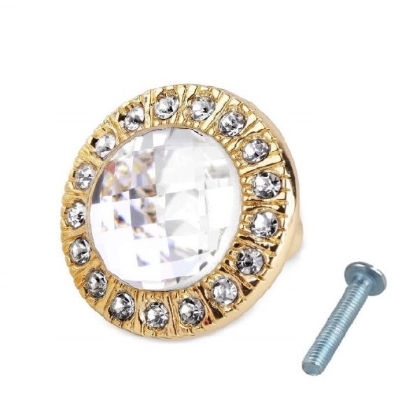 Buton de mobila auriu cu cristal diamant si pietricele decorative, ideal pentru mobilier elegant si rafinat.