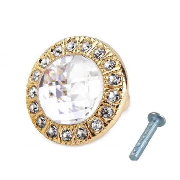 Buton auriu pentru mobilă, cu pietricele decorative, diametru 30 mm