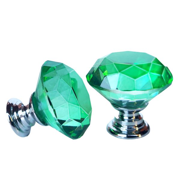 Buton mobila din cristal verde, stil diamant, ideal pentru dulapuri, comode și noptiere elegante.