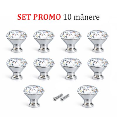 Set 10 manere butoni mobila cristal cromat argintiu