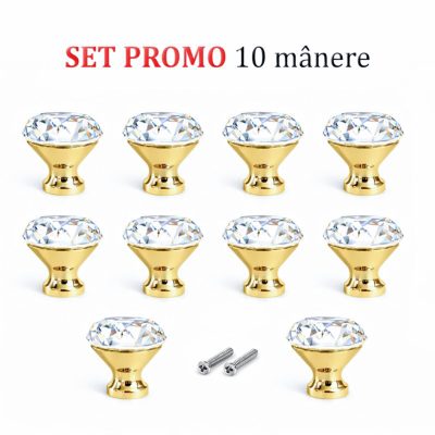 Set 10 manere butoni mobila cristal auriu cromat