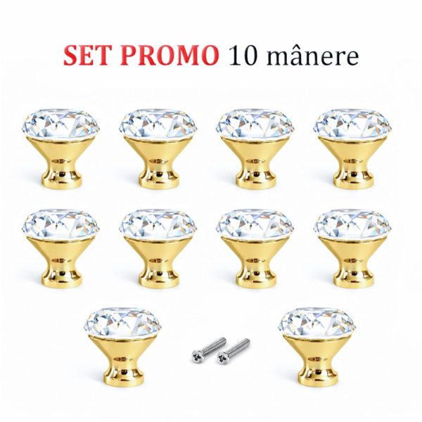 Set 10 manere butoni mobila cristal auriu cromat